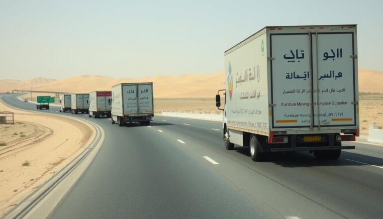 شاحنة نقل أثاث تسير على الطريق بين جدة والرياض