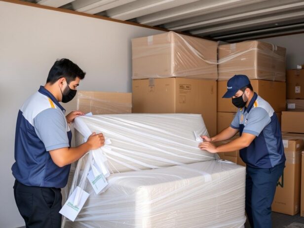 عمال يقومون بتغليف أثاث منزلي بعناية في جدة