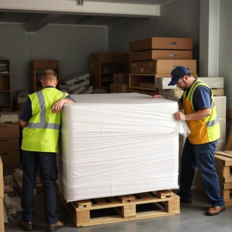 عمال يقومون بفك وتغليف الأثاث استعداداً للنقل