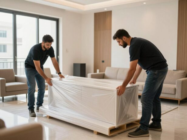 عمال محترفون يقومون بفك وتغليف الأثاث في حي الأجواد بجدة