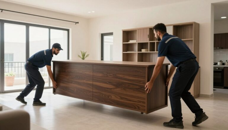 فريق نقل عفش جدة المحترف يعمل بتناغم لنقل قطعة أثاث كبيرة