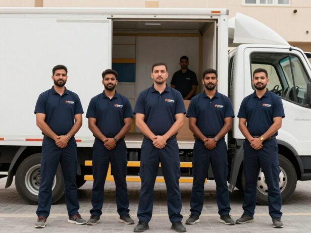 فريق نقل عفش محترف يرتدي زي موحد في حي الجامعة
