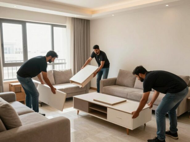 فريق نقل عفش يقوم بترتيب الأثاث في المنزل الجديد بحي المروة جدة