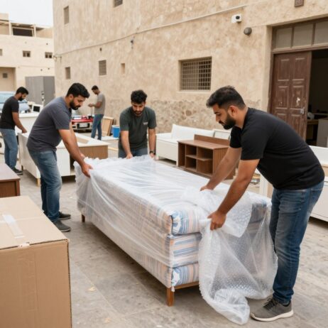 فريق نقل عفش يقوم بتغليف أثاث في حي الجامعة بجدة